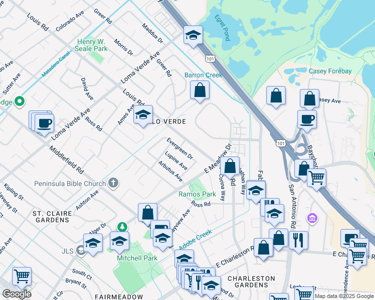 map of restaurants, bars, coffee shops, grocery stores, and more near 3615 Evergreen Drive in Palo Alto