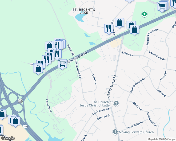 map of restaurants, bars, coffee shops, grocery stores, and more near 4000 Larkin Lane in Midlothian