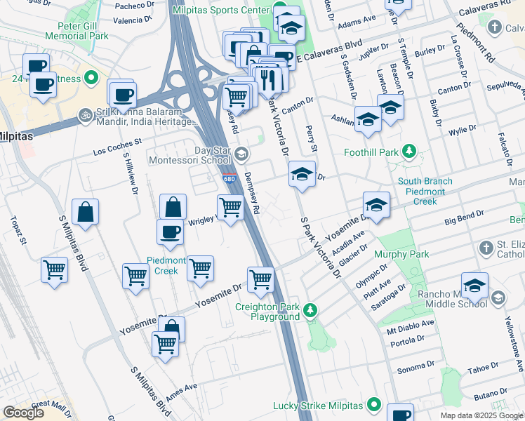 map of restaurants, bars, coffee shops, grocery stores, and more near 408 Dempsey Road in Milpitas