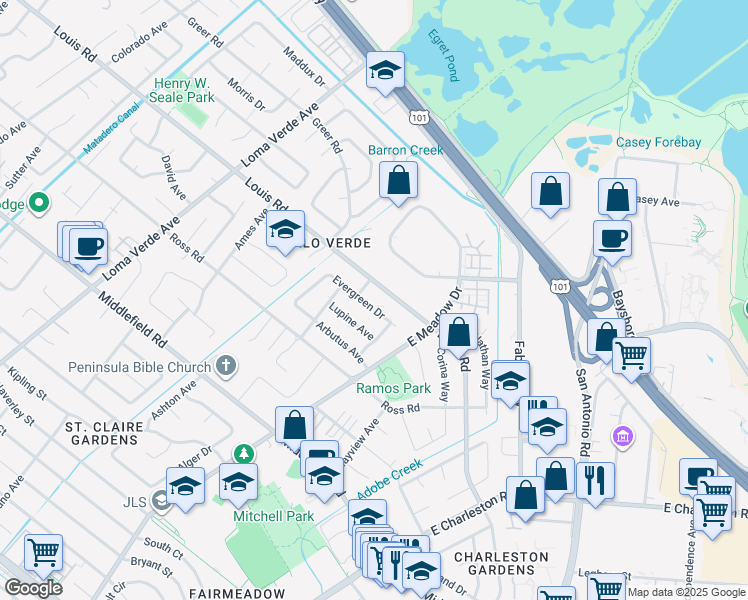 map of restaurants, bars, coffee shops, grocery stores, and more near 3615 Evergreen Drive in Palo Alto