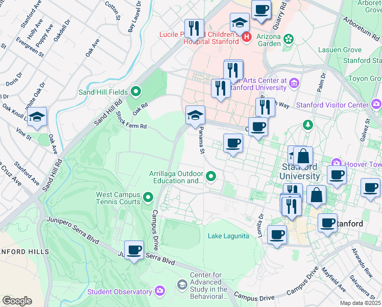 map of restaurants, bars, coffee shops, grocery stores, and more near 260 Panama Street in Stanford