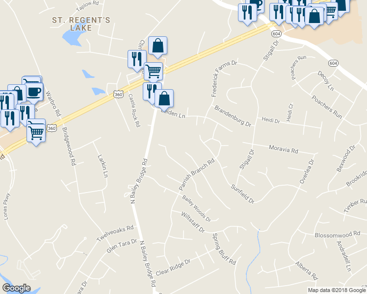 map of restaurants, bars, coffee shops, grocery stores, and more near 11644 Bailey Mountain Trail in Midlothian