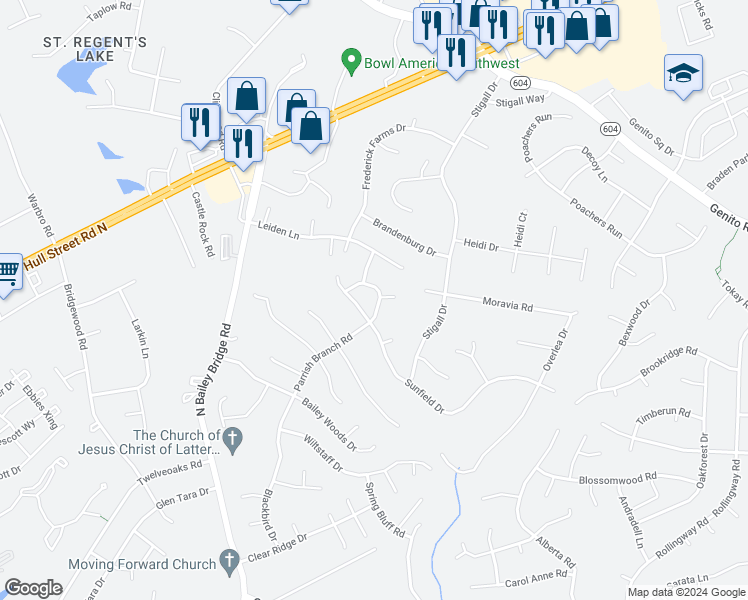 map of restaurants, bars, coffee shops, grocery stores, and more near 4600 Parrish Branch Road in Midlothian