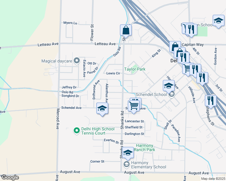 map of restaurants, bars, coffee shops, grocery stores, and more near 16578 Ilex Court in Delhi