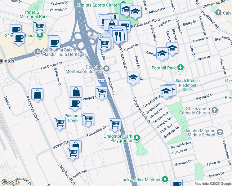 map of restaurants, bars, coffee shops, grocery stores, and more near 408 Dempsey Road in Milpitas