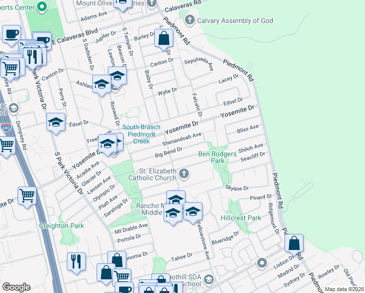 map of restaurants, bars, coffee shops, grocery stores, and more near 1871 Shenandoah Avenue in Milpitas
