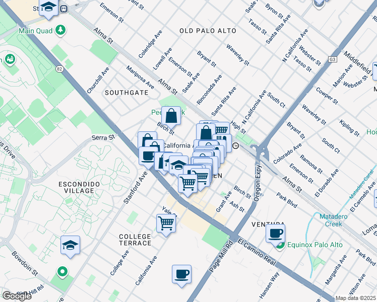 map of restaurants, bars, coffee shops, grocery stores, and more near 304 Oxford Avenue in Palo Alto