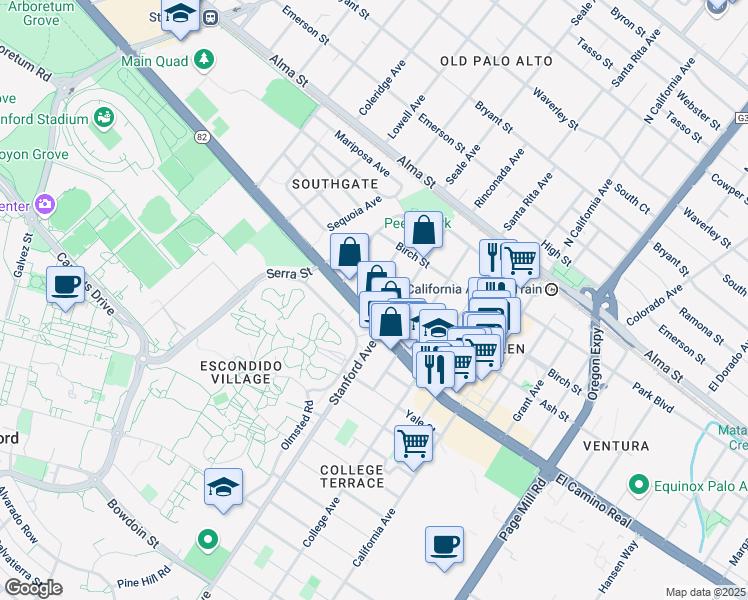 map of restaurants, bars, coffee shops, grocery stores, and more near 390 Leland Avenue in Palo Alto