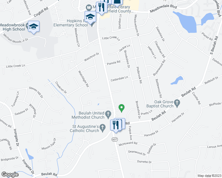 map of restaurants, bars, coffee shops, grocery stores, and more near 4701 Hopkins Road in Richmond