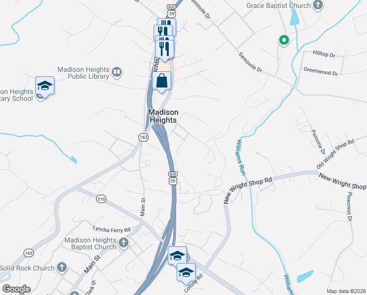 map of restaurants, bars, coffee shops, grocery stores, and more near 1-51 Center Street in Madison Heights