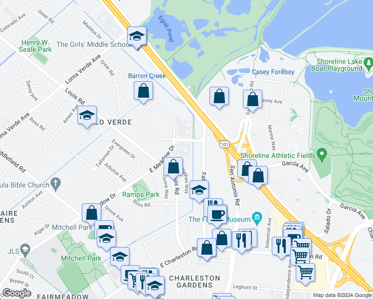 map of restaurants, bars, coffee shops, grocery stores, and more near 3733 Egret Lane in Palo Alto