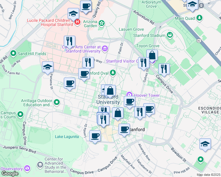 map of restaurants, bars, coffee shops, grocery stores, and more near 450 Serra Mall in Stanford