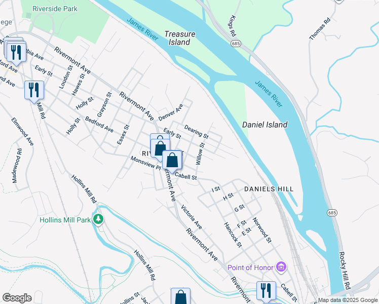 map of restaurants, bars, coffee shops, grocery stores, and more near 1020 Pansy Street in Lynchburg