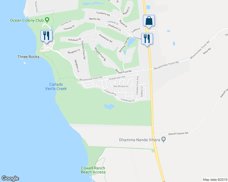 map of restaurants, bars, coffee shops, grocery stores, and more near 19 Dolphin Court in Half Moon Bay