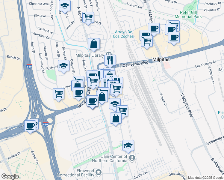 map of restaurants, bars, coffee shops, grocery stores, and more near 85 South Main Street in Milpitas