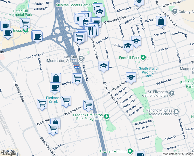 map of restaurants, bars, coffee shops, grocery stores, and more near 409 South Park Victoria Drive in Milpitas