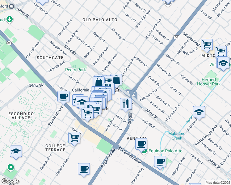 map of restaurants, bars, coffee shops, grocery stores, and more near 101 California Avenue in Palo Alto