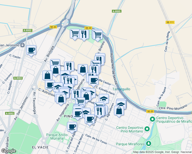 map of restaurants, bars, coffee shops, grocery stores, and more near 7 Calle Estrella Castor in Sevilla