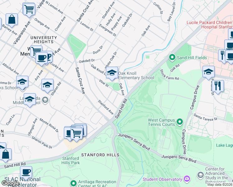 map of restaurants, bars, coffee shops, grocery stores, and more near 2 Perry Avenue in Menlo Park