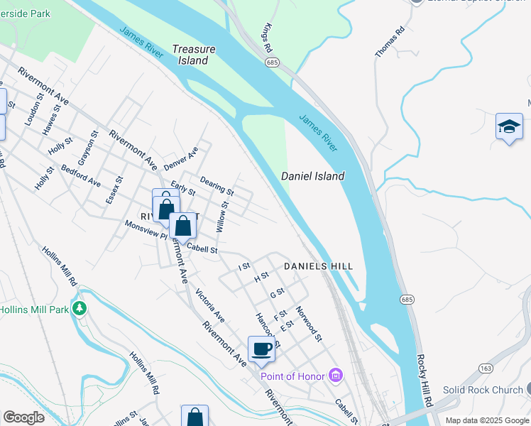 map of restaurants, bars, coffee shops, grocery stores, and more near 825 Dearing Street in Lynchburg