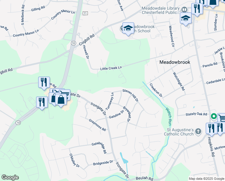 map of restaurants, bars, coffee shops, grocery stores, and more near 5218 Steven Hill Drive in Richmond