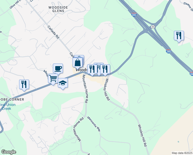 map of restaurants, bars, coffee shops, grocery stores, and more near 2977 Woodside Road in Woodside
