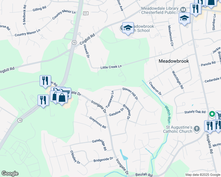 map of restaurants, bars, coffee shops, grocery stores, and more near 5300 Steven Hill Drive in Richmond