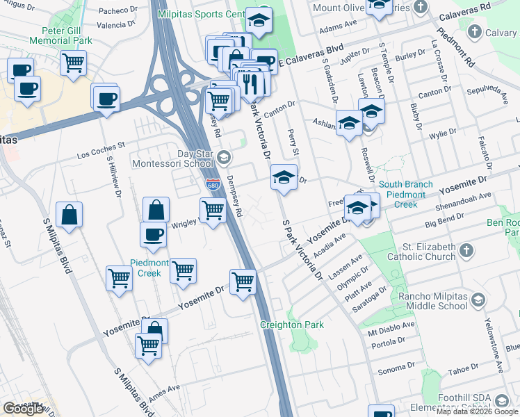 map of restaurants, bars, coffee shops, grocery stores, and more near 468 Dempsey Road in Milpitas