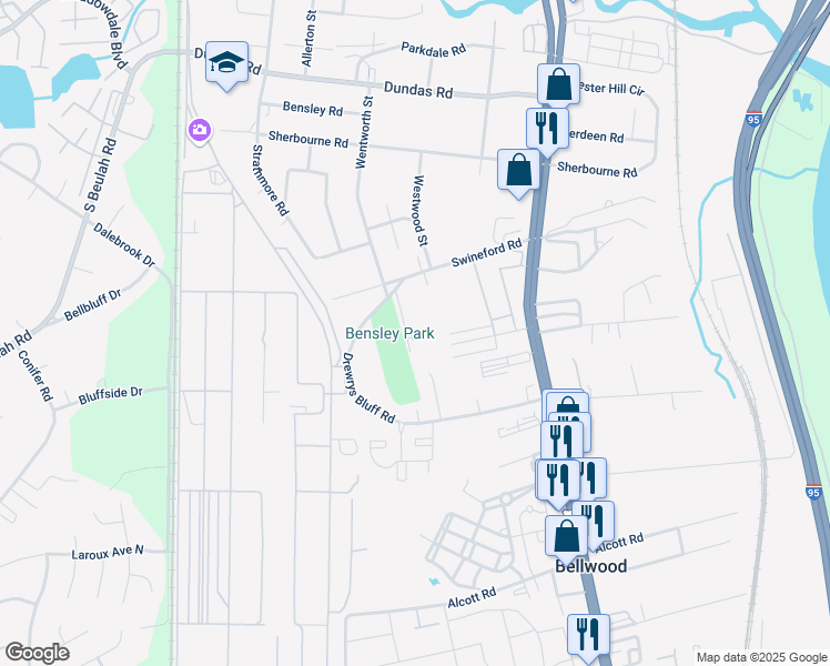 map of restaurants, bars, coffee shops, grocery stores, and more near 7043 Wentworth Street in Richmond