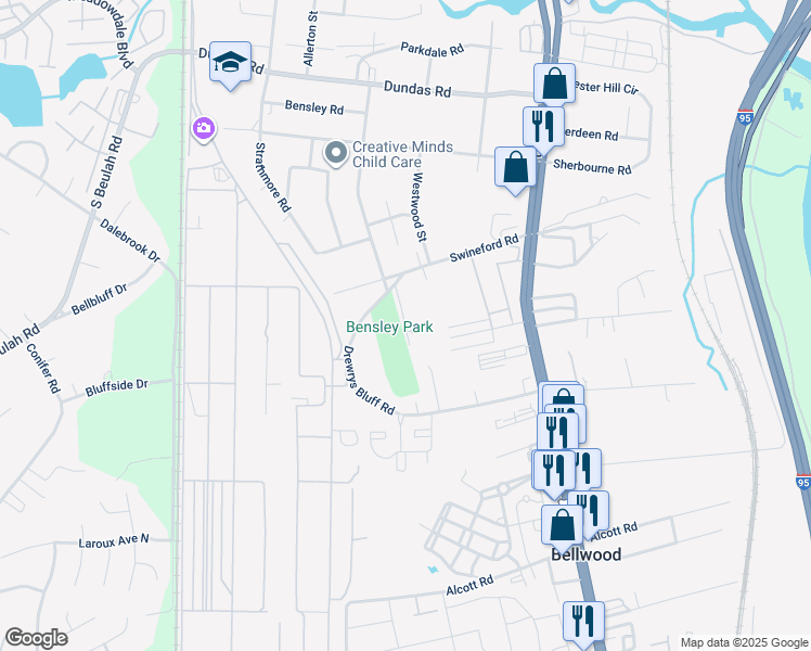 map of restaurants, bars, coffee shops, grocery stores, and more near 7019 Wentworth Street in Richmond