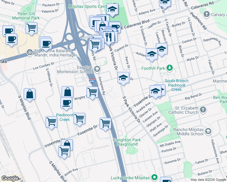 map of restaurants, bars, coffee shops, grocery stores, and more near 468 Dempsey Road in Milpitas