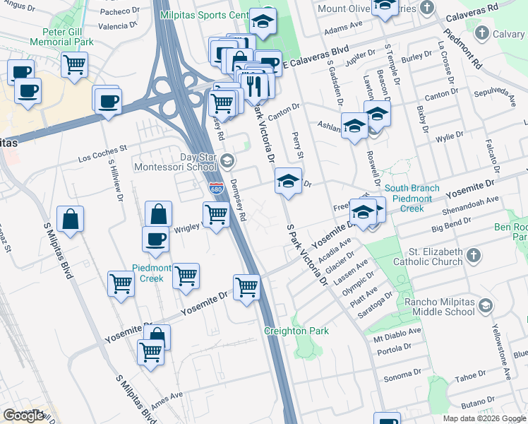map of restaurants, bars, coffee shops, grocery stores, and more near 468 Dempsey Road in Milpitas