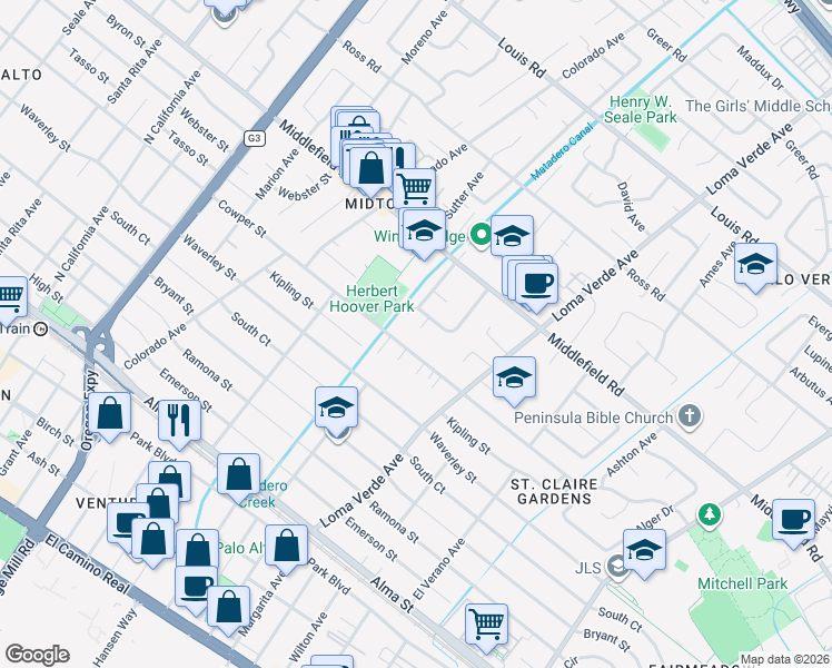 map of restaurants, bars, coffee shops, grocery stores, and more near 602 Wellsbury Court in Palo Alto