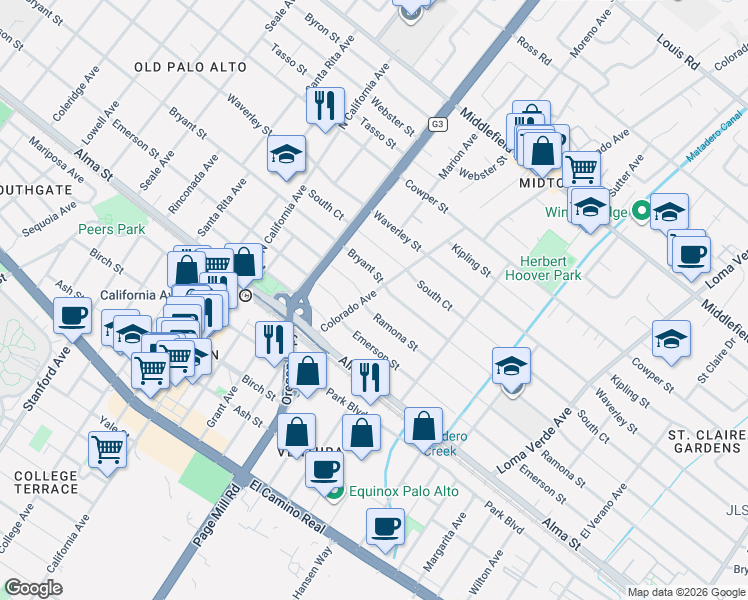 map of restaurants, bars, coffee shops, grocery stores, and more near 2498 Bryant Street in Palo Alto
