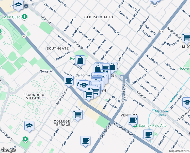 map of restaurants, bars, coffee shops, grocery stores, and more near 254 College Avenue in Palo Alto