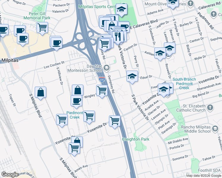 map of restaurants, bars, coffee shops, grocery stores, and more near 375 Dempsey Road in Milpitas