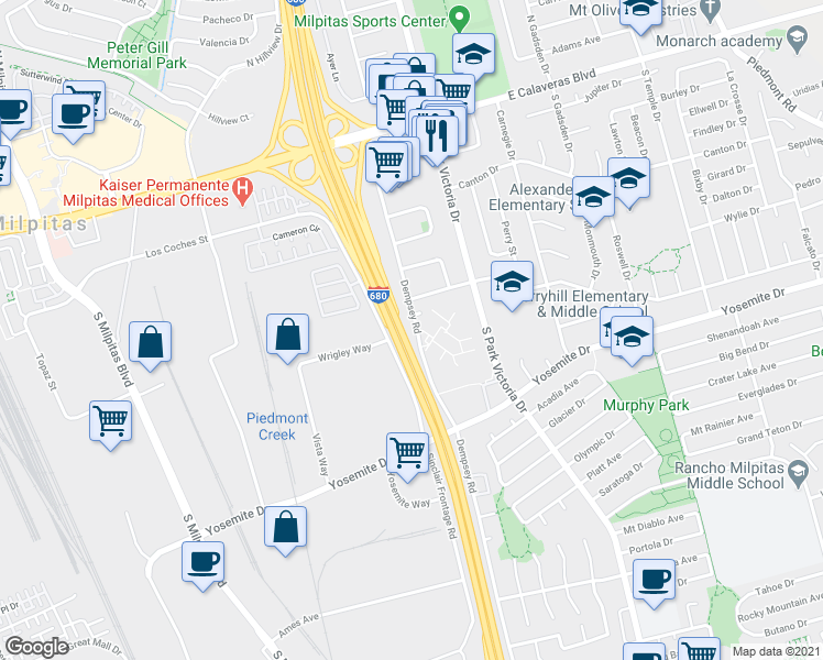 map of restaurants, bars, coffee shops, grocery stores, and more near 375 Dempsey Road in Milpitas