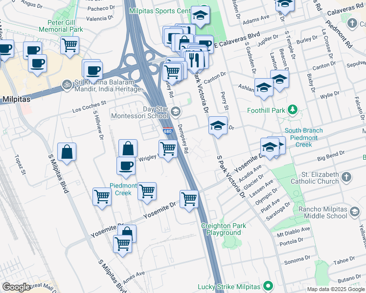 map of restaurants, bars, coffee shops, grocery stores, and more near 375 Dempsey Road in Milpitas