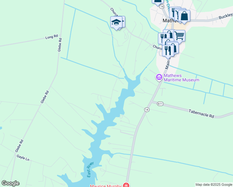 map of restaurants, bars, coffee shops, grocery stores, and more near 471 Put-In-Creek Road in Mathews