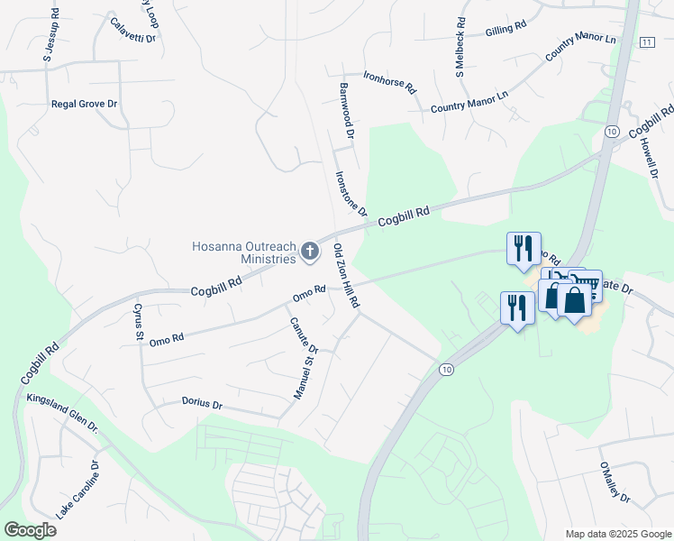 map of restaurants, bars, coffee shops, grocery stores, and more near 6324 Old Zion Hill Road in Richmond