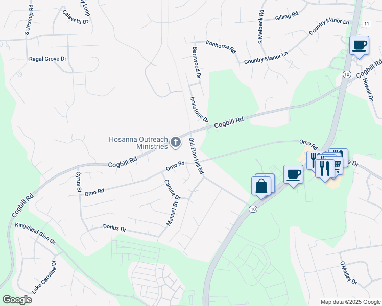 map of restaurants, bars, coffee shops, grocery stores, and more near 6324 Old Zion Hill Road in Richmond