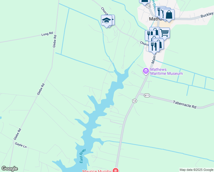 map of restaurants, bars, coffee shops, grocery stores, and more near 471 Put-In-Creek Road in Mathews