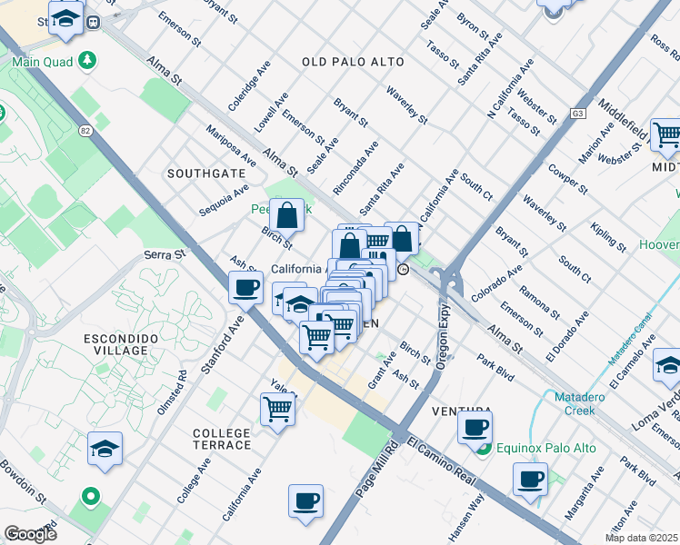 map of restaurants, bars, coffee shops, grocery stores, and more near 254 College Avenue in Palo Alto