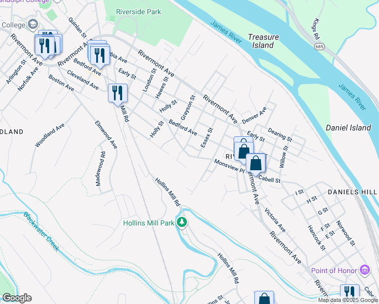 map of restaurants, bars, coffee shops, grocery stores, and more near 1608 Monsview Place in Lynchburg