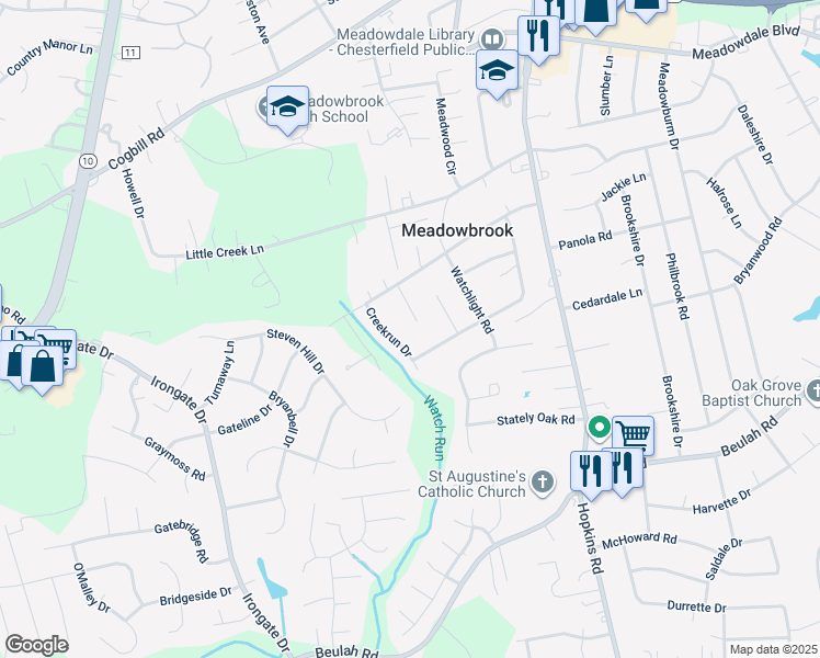 map of restaurants, bars, coffee shops, grocery stores, and more near 6526 Watchrun Court in Richmond