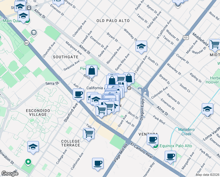 map of restaurants, bars, coffee shops, grocery stores, and more near 254 College Avenue in Palo Alto