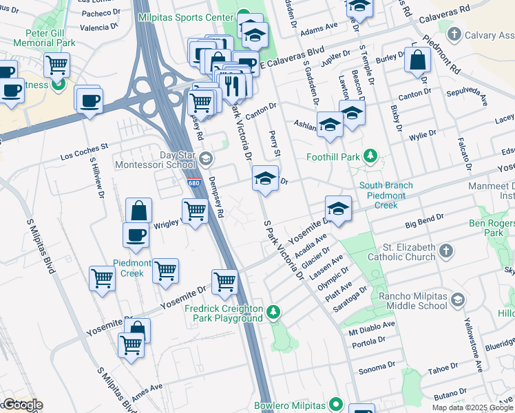 map of restaurants, bars, coffee shops, grocery stores, and more near 409 South Park Victoria Drive in Milpitas