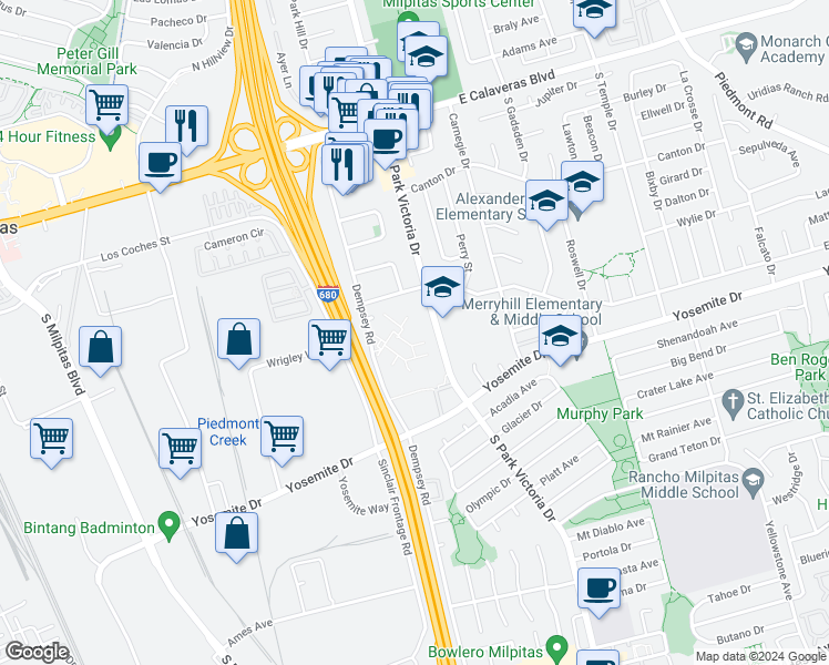 map of restaurants, bars, coffee shops, grocery stores, and more near 409 South Park Victoria Drive in Milpitas