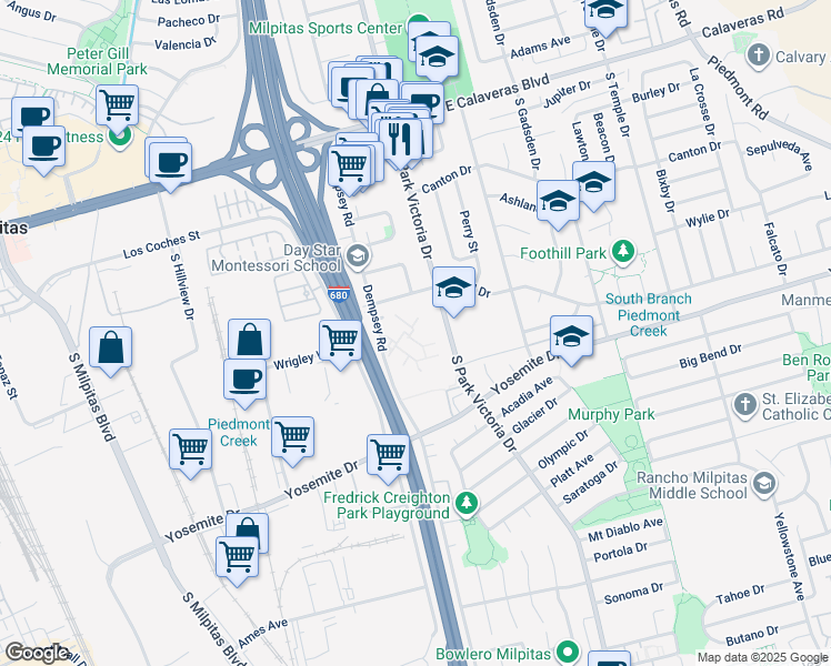 map of restaurants, bars, coffee shops, grocery stores, and more near 468 Dempsey Road in Milpitas