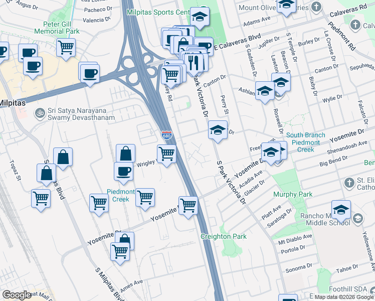 map of restaurants, bars, coffee shops, grocery stores, and more near 468 Dempsey Road in Milpitas